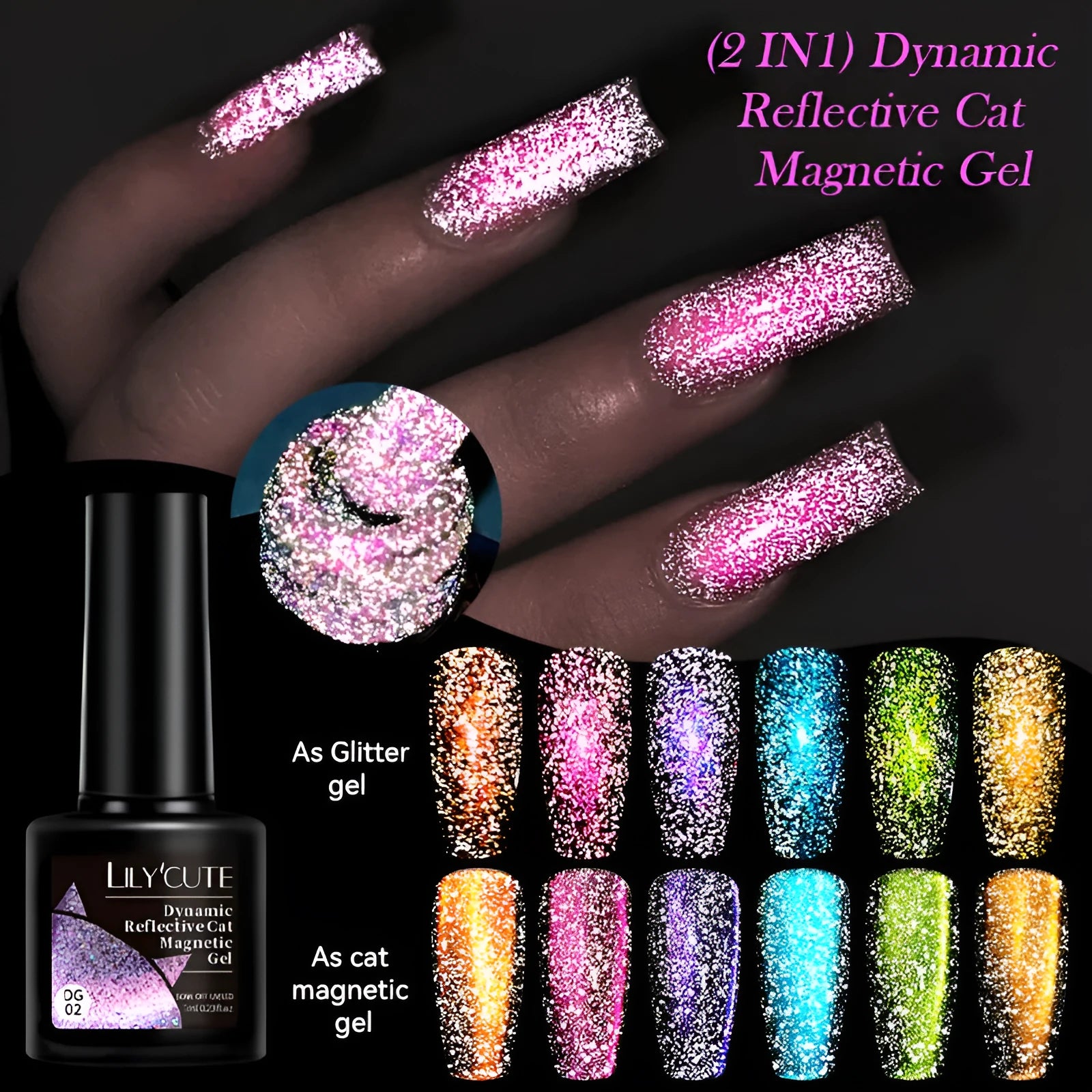 Cat eye nail polish gel with diamond glitter fragments in six colour style options including fluorescent UV brilliant variations