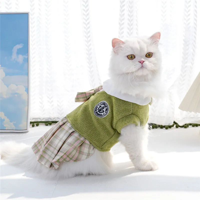 College style plaid dog dress for small dogs and cats, polyester, pink colour, available in sizes XS to XXL