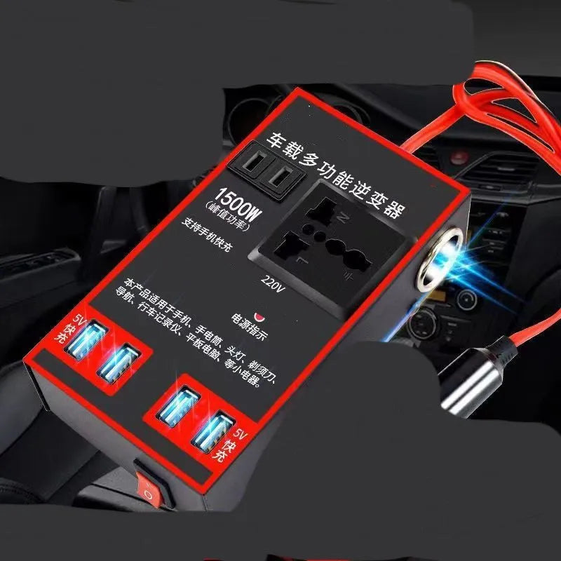 Black automotive 12V 24V to 220V power converter with AC socket and USB charging ports.