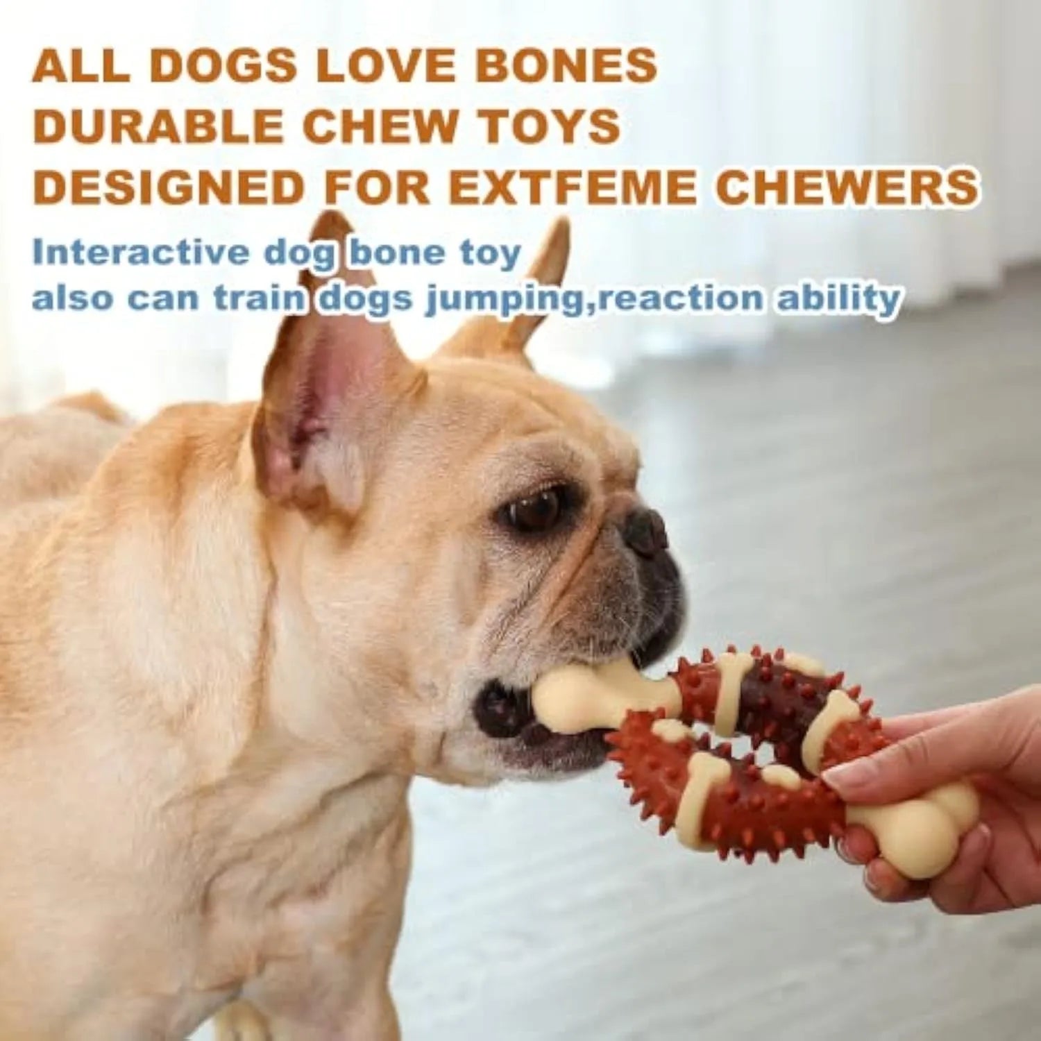 Bone-shaped natural rubber dog chewing toy shown in two different sizes on a plain background