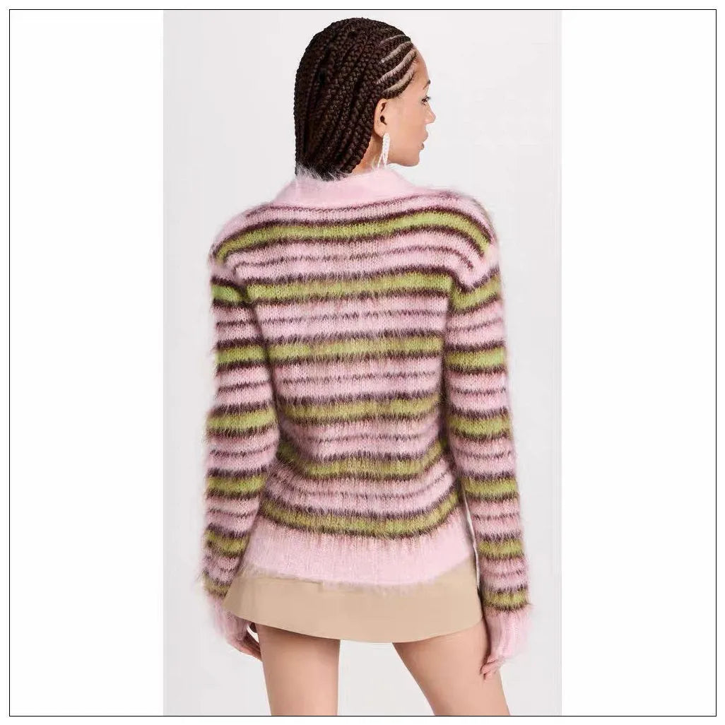 Pink wool knitted cardigan sweater with nap craft fabric and socialite style design