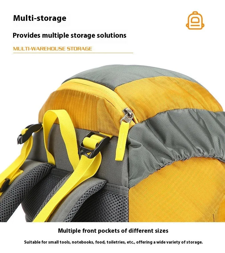 Large capacity foldable nylon mountaineering bag for outdoor hiking, available in blue, red, or yellow