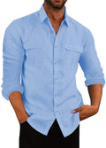 Men's double pocket cotton-linen pullover shirt in loose fit lapel collar style