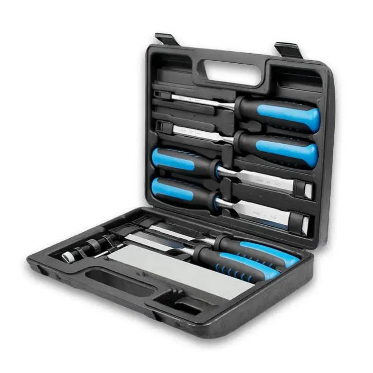 8-piece blue wood chisel set with sharpening stone for wood carving and woodworking