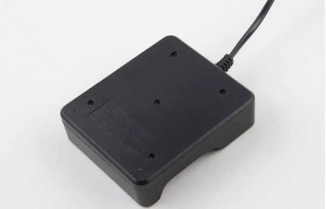 Four-slot 18650 smart battery charger with cable in black finish