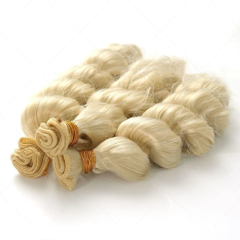 Golden synthetic fibre wig for women shown in 18-inch, 20-inch, and 22-inch length options.