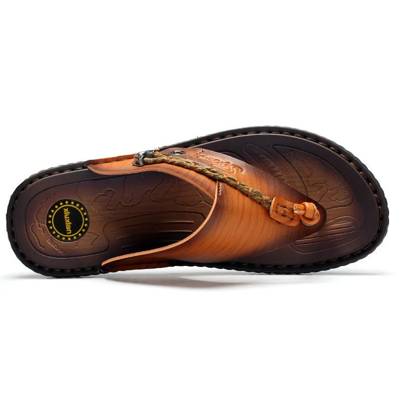 Men's dark blue herringbone-pattern outdoor slippers with leather lining and rubber sole
