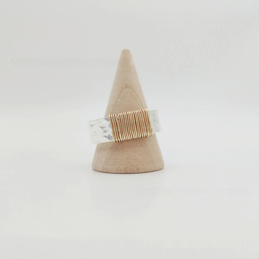 Vintage copper irregular coil ring with electroplated silver finish, wide face, unisex style, size No 7