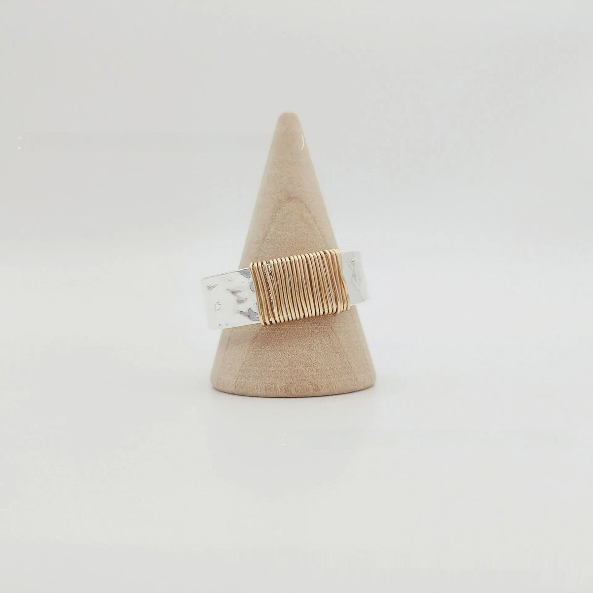 Vintage copper irregular coil ring with electroplated silver finish, wide face, unisex style, size No 7