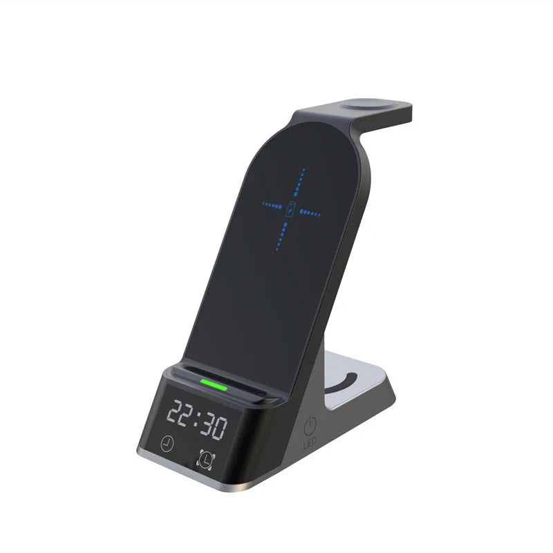 Black multifunctional alarm clock with wireless charging pad, Apple Watch dock, and USB-A port on bedside table.