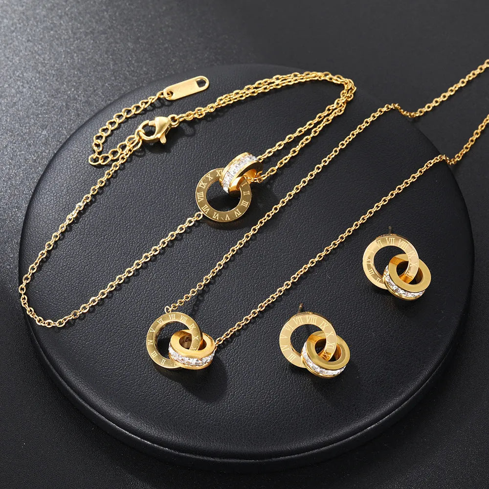 Rome double ring titanium steel necklace for women with steel grey electroplated finish on O-link chain