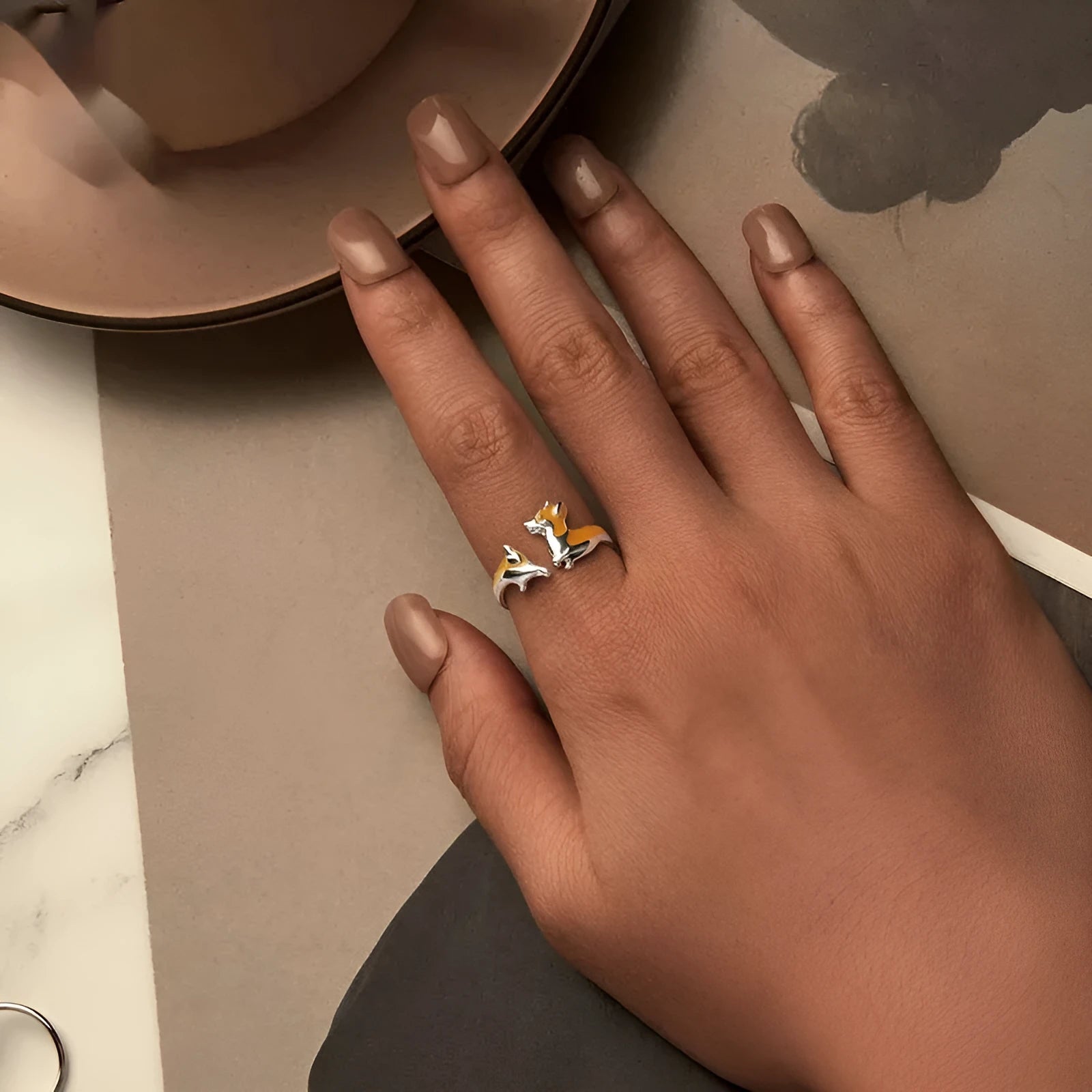 Silver corgi pet ring with cartoon design and adjustable band in SCR1014-E colour.