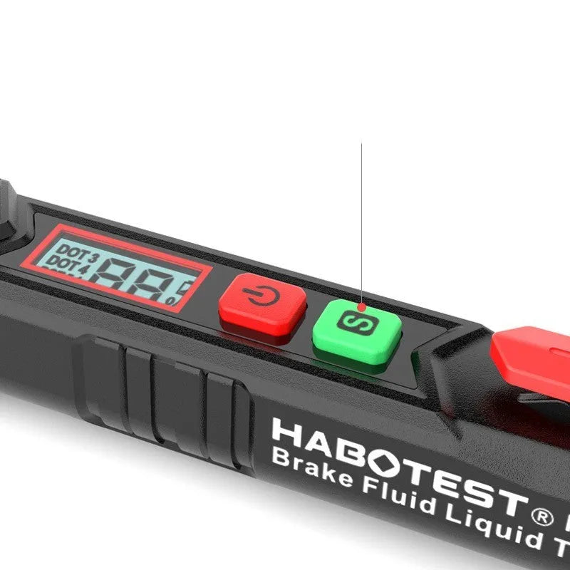 Digital display brake fluid tester pen in colour box packaging with batteries and manual.