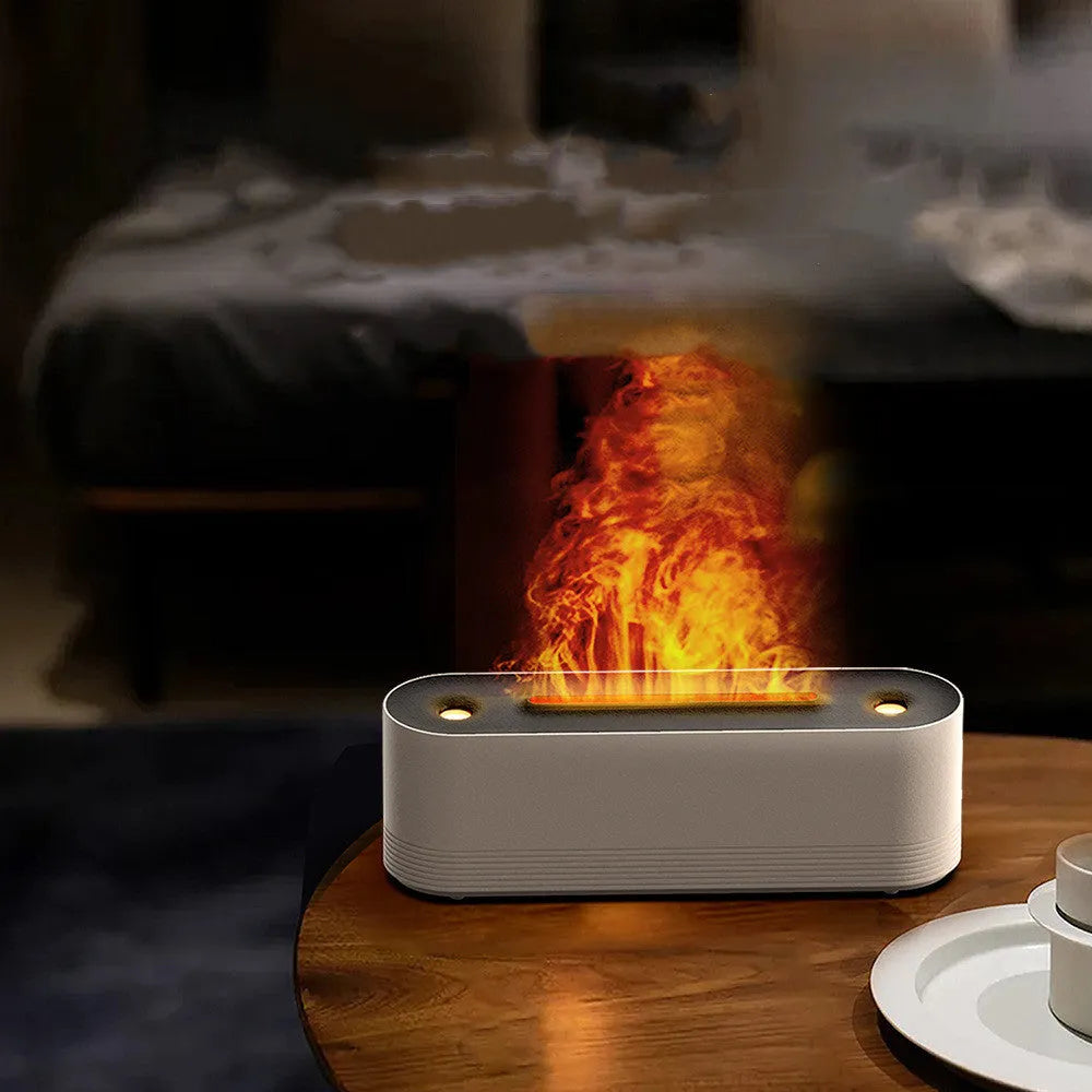 Black Flame Air ultrasonic humidifier with LED lights creating mist and flame effects on wooden surface
