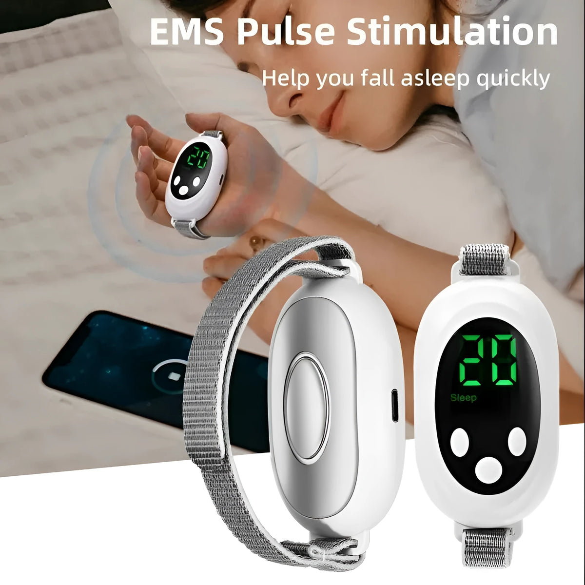 White wireless sleep aid bracelet with handheld remote control on a surface