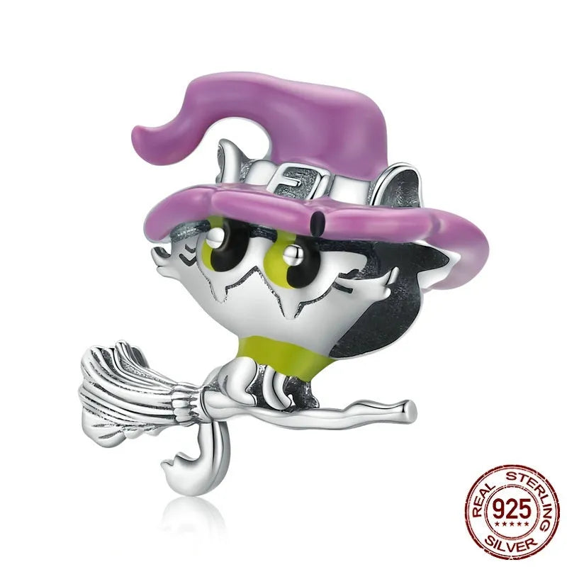 925 silver Halloween cat charm bead 1.4cm with hole for stringing on white background