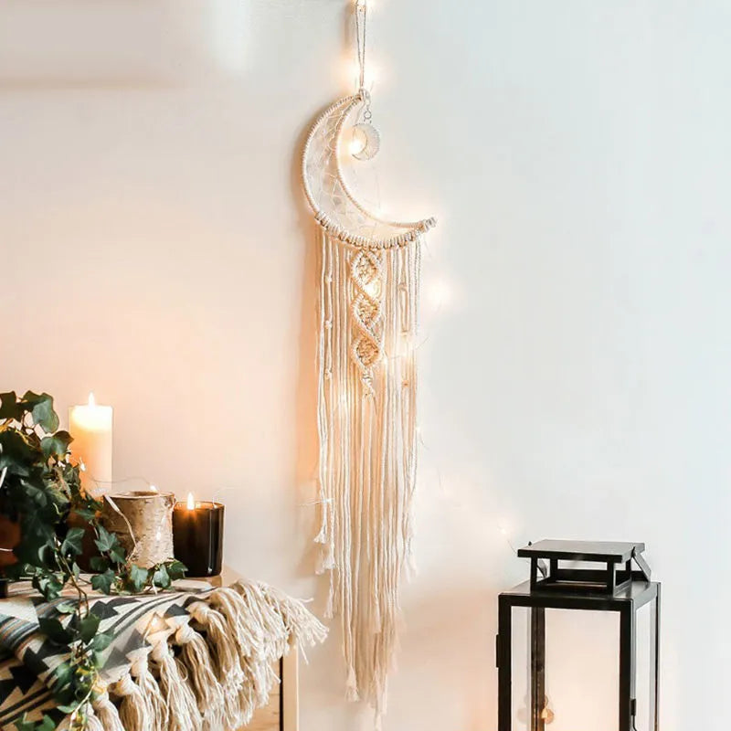 Handmade woven dreamcatcher hanging lamp with star light on bedroom wall, 90cm length, cotton thread
