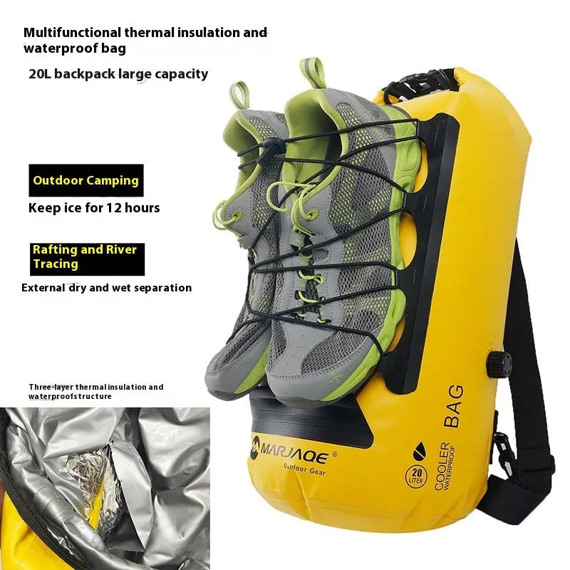 Yellow and black outdoor waterproof backpack with dry wet separation compartment for water sports