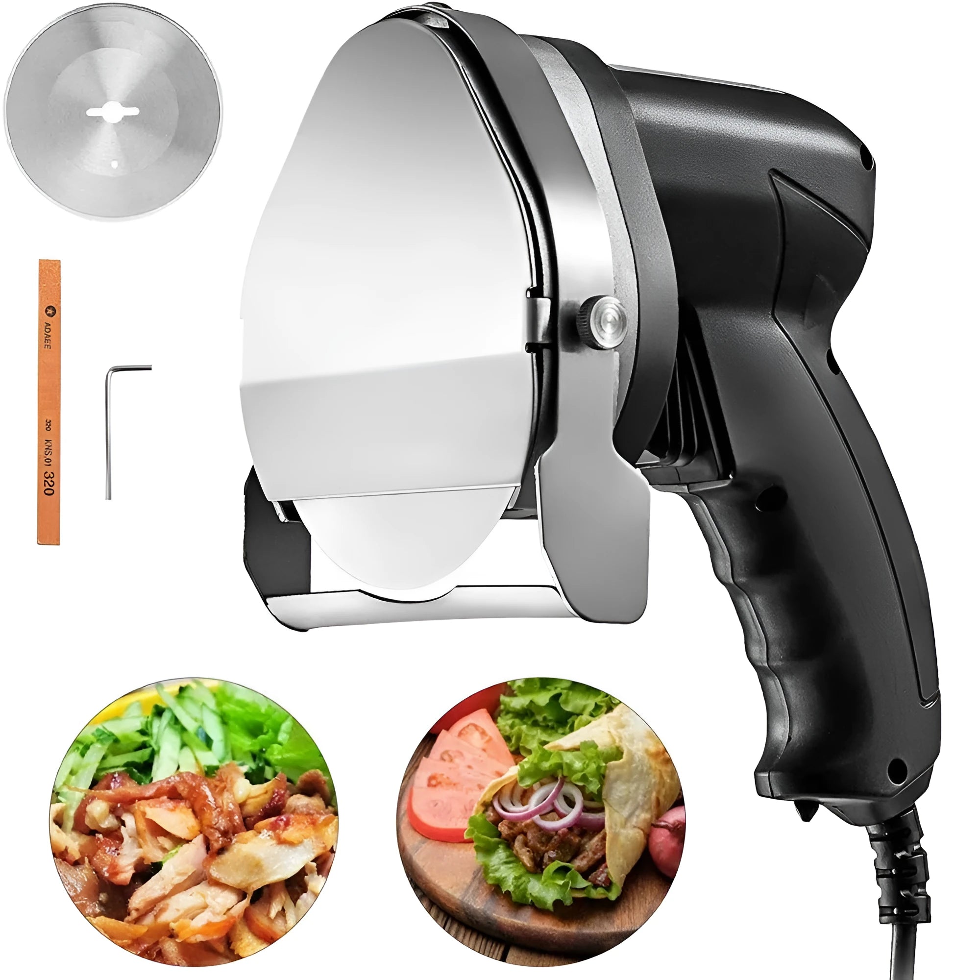 Black electric meat cleaver with power cord for processing turkey and barbecue meats.