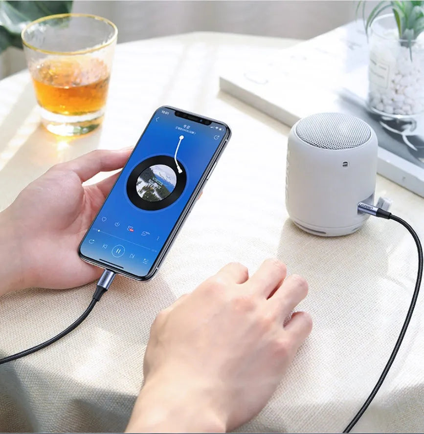 Black Apple Lightning to 3.5mm car audio adapter cable with aluminium shell and braided cable