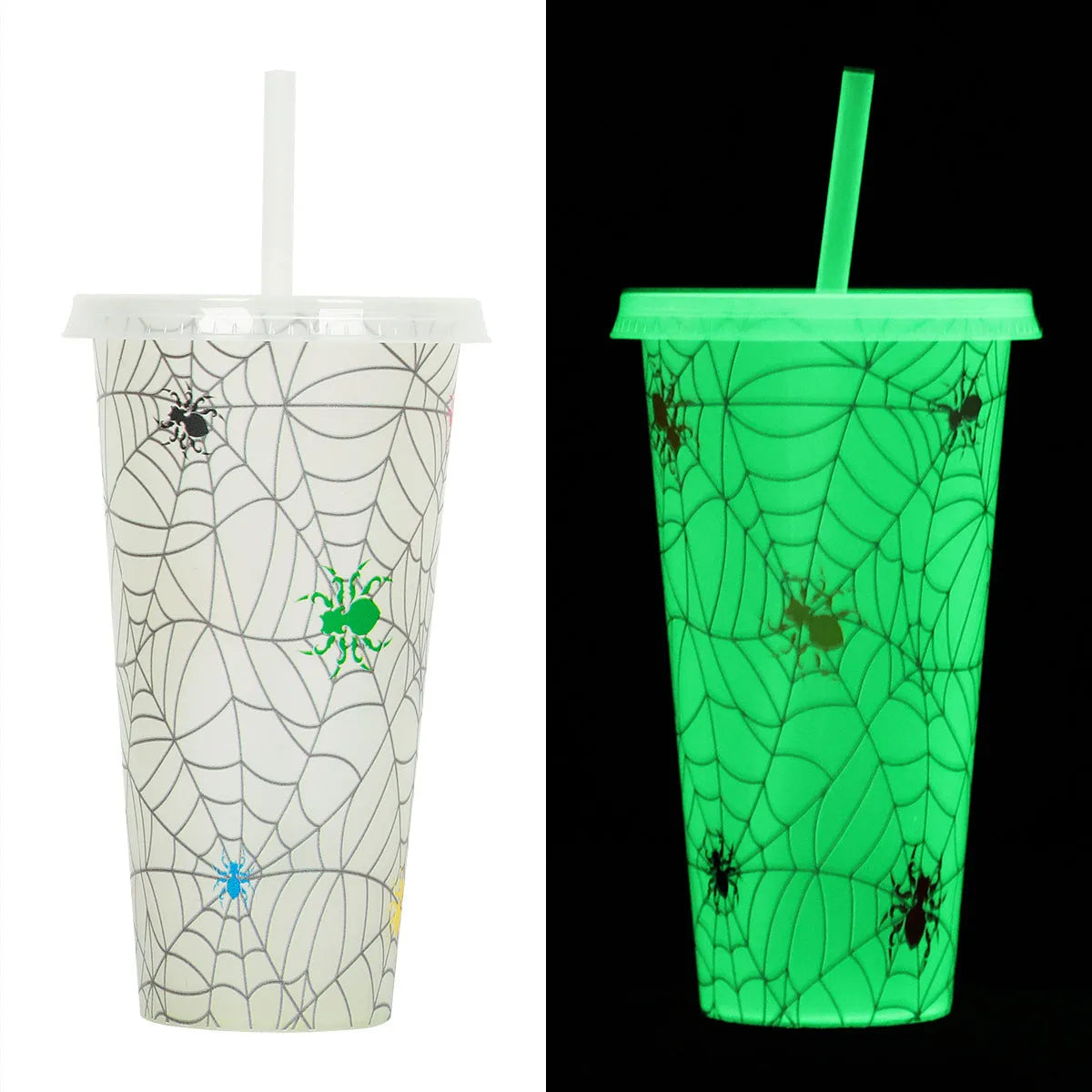 Halloween luminous reusable plastic sippy cup with straw, 720ml capacity, shown in one of six colours.