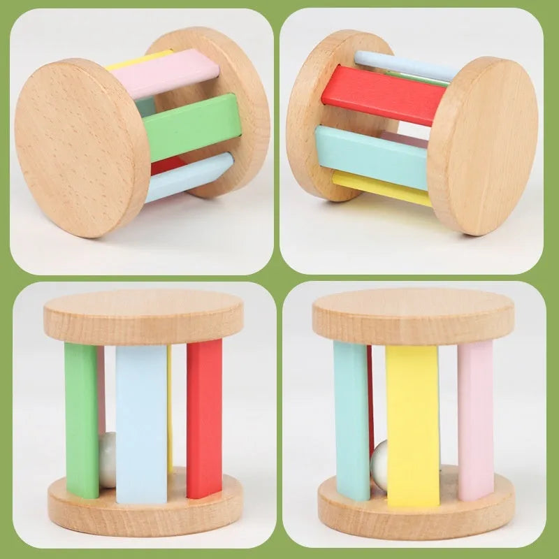 Wooden infant rainbow rattle with rainbow rolling bell, 7.5x7 cm size, on a white background