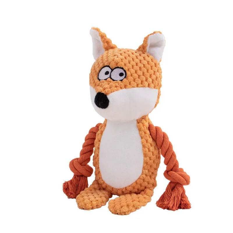 Hippo-shaped plush dog toy with cotton rope sections for tug-of-war games