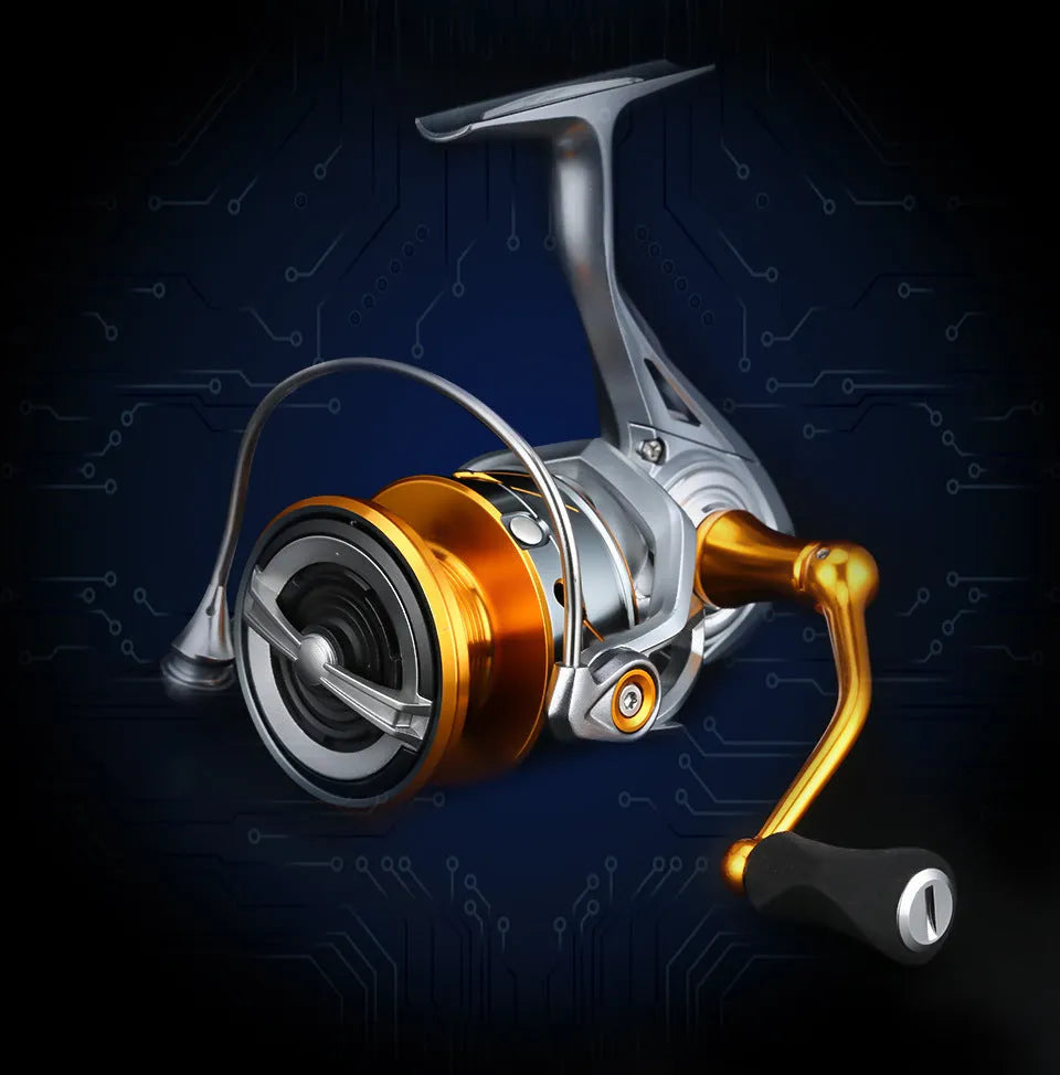 All metal long cast speed ratio spinning fishing reel in silver and red, 2000HX size on grey background