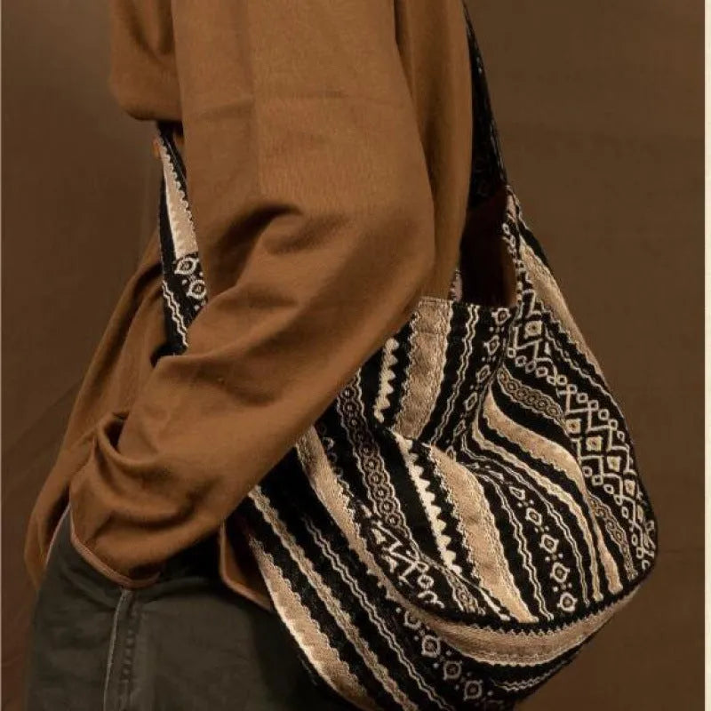 Corduroy retro striped messenger bag with adjustable plaid strap, measuring 37cm by 28.5cm.