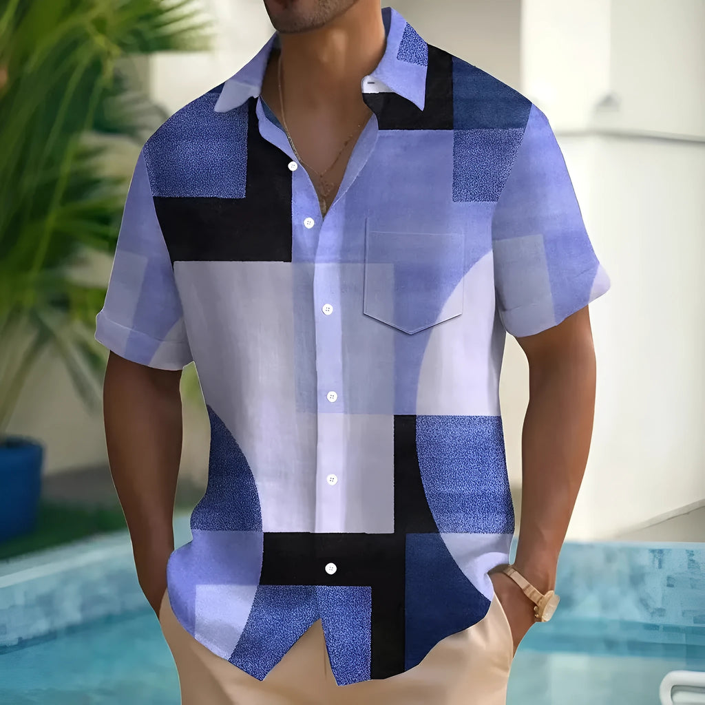 Men's loose fit cardigan shirt with retro geometric 3D printed squares in contrast colours