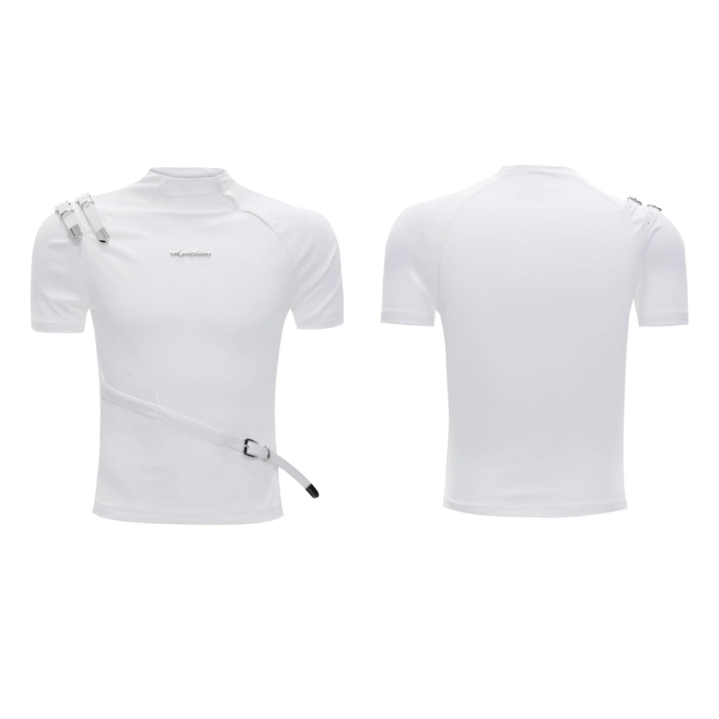 Men's slim fit black cotton T-shirt with metal belt detail and small stand-up collar