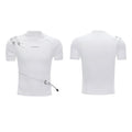 Men's slim fit black cotton T-shirt with metal belt detail and small stand-up collar