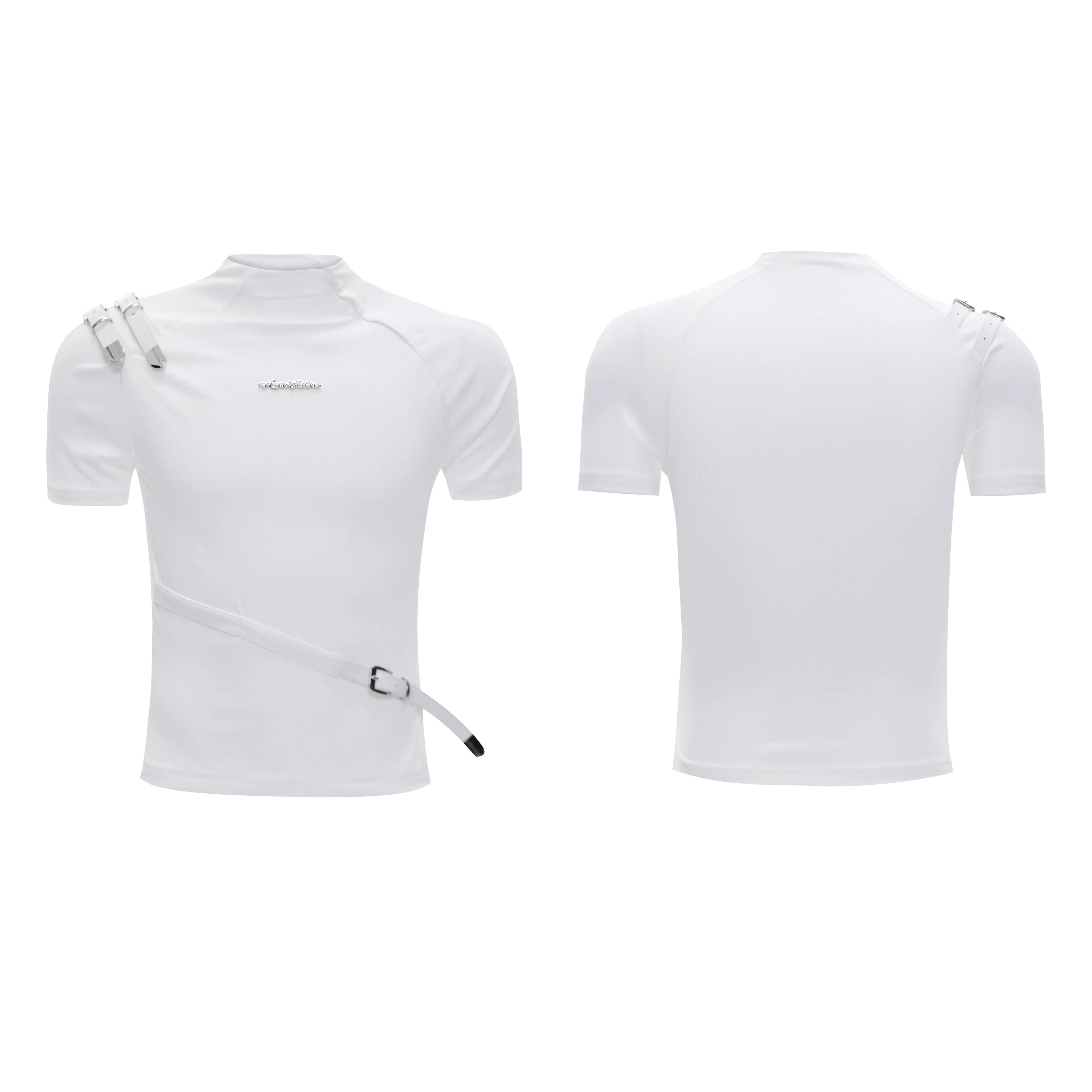 Men's slim fit black cotton T-shirt with metal belt detail and small stand-up collar