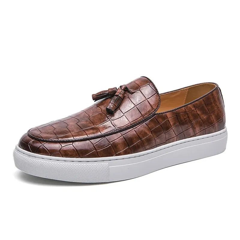 Men's brown plus size business casual sneakers with tassel detail on the PU leather upper and a rubber sole.