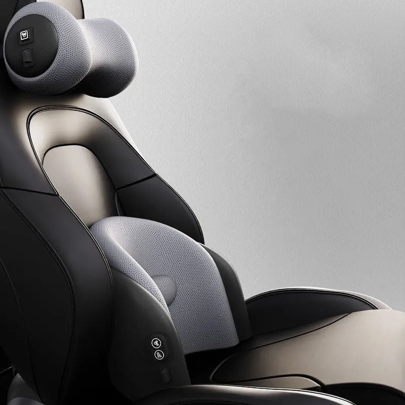 Car massage cushion with memory cotton in classic black colour showing headrest and lumbar support components