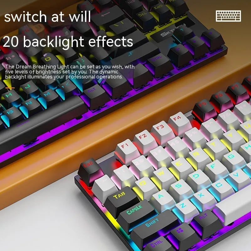 K87 mechanical wired keyboard with green or red axis switches, metal construction, and 1.4 metre cable in various colour options