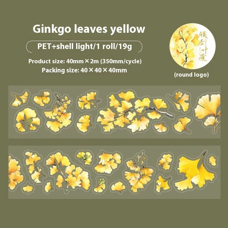 Deciduous Poetry Series PET decorative sticker roll showing autumn leaf patterns in six colours, 40mm wide.