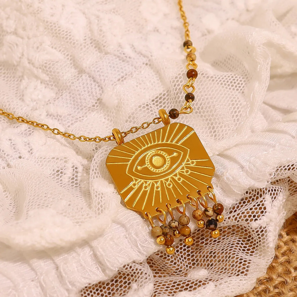 Gold titanium steel square pendant necklace with evil eye and natural stone detail, 41-50cm chain