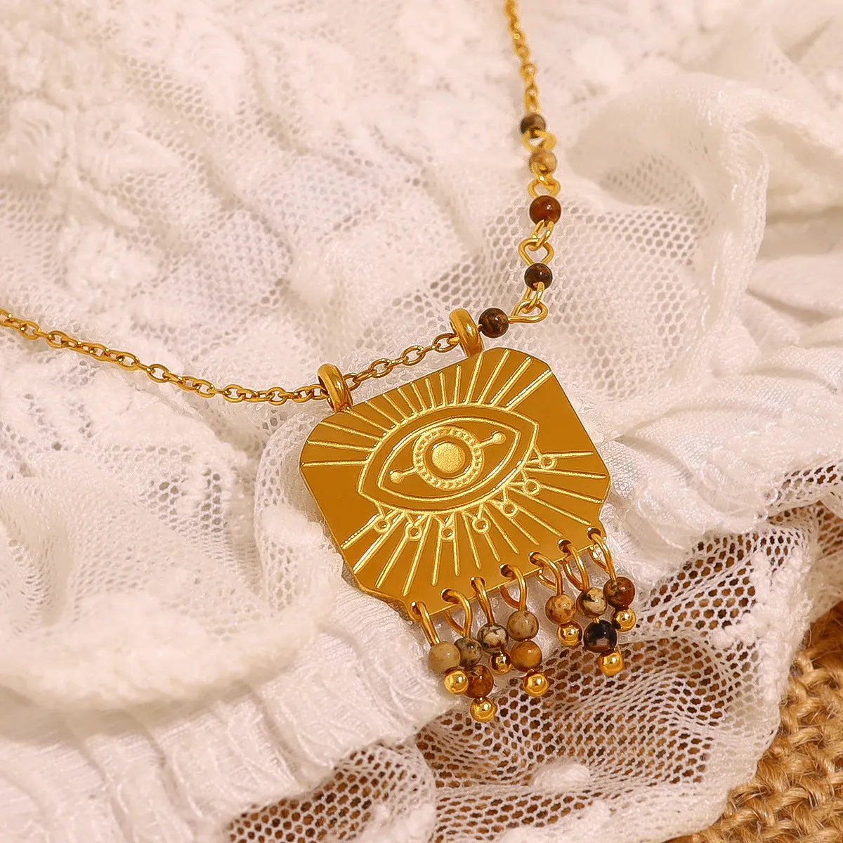 Gold titanium steel square pendant necklace with evil eye and natural stone detail, 41-50cm chain
