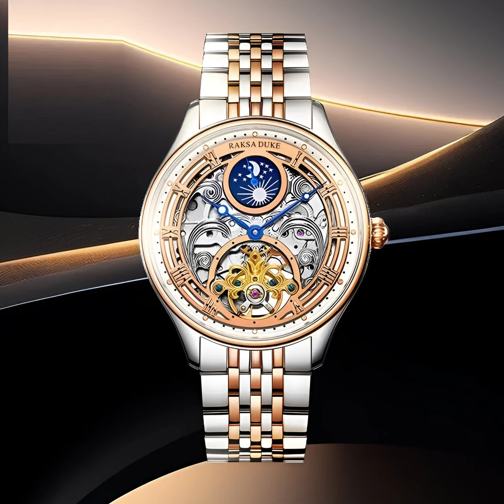 Men's waterproof business watch with a steel strap on a wrist, showing a white dial and 16mm thickness.