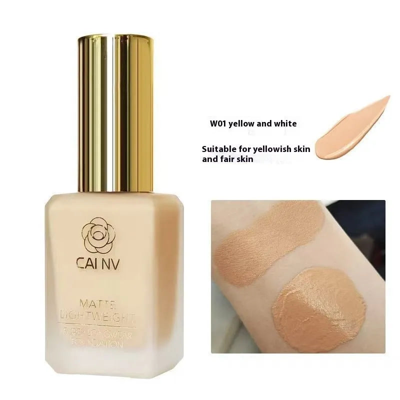 Liquid foundation bottle with discolouration resistance for mixed skin types in six shade options