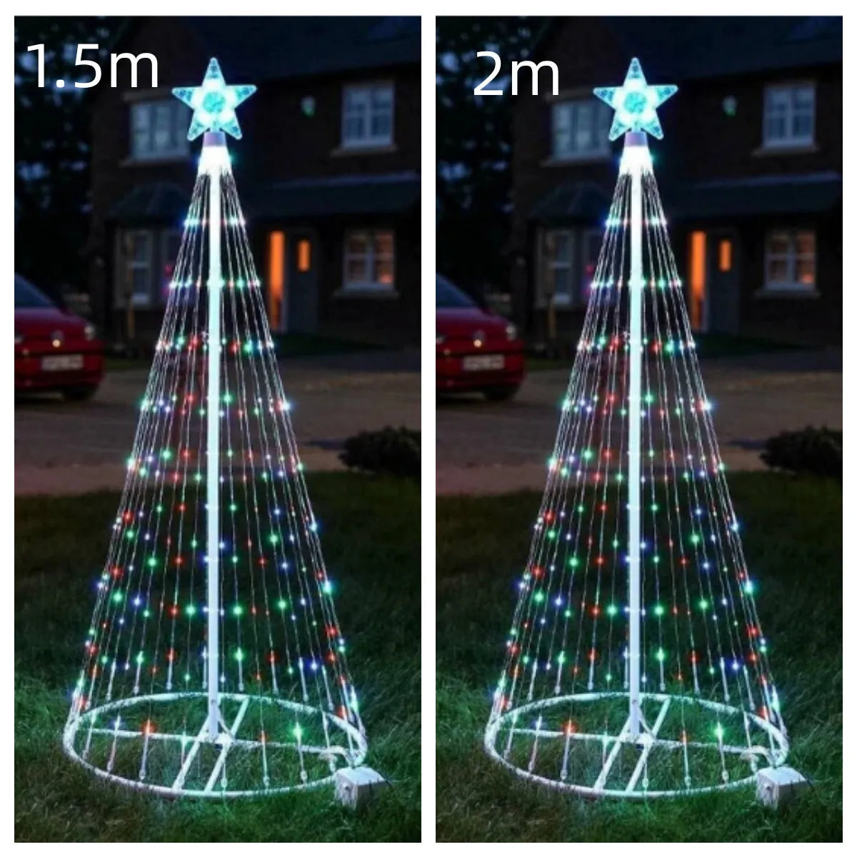 Multi colour LED animated outdoor Christmas tree lights showing 200 warm white lamps on 1.5m or 2m frame