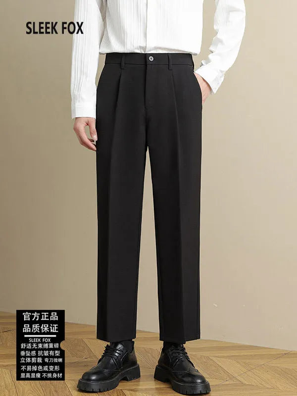 Men's polyester straight suit pants in black, draped style with straight leg, size range S to 8XL