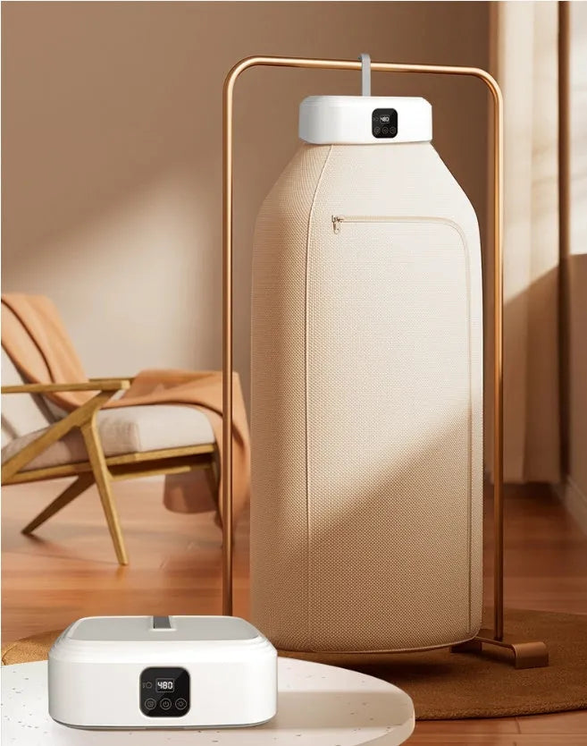 White cylindrical smart laundry drier with remote control for dormitory quick-drying and foldable storage