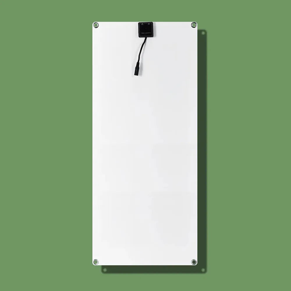 30W semi-flexible solar panel showing USB port and 18V output cable for outdoor charging.