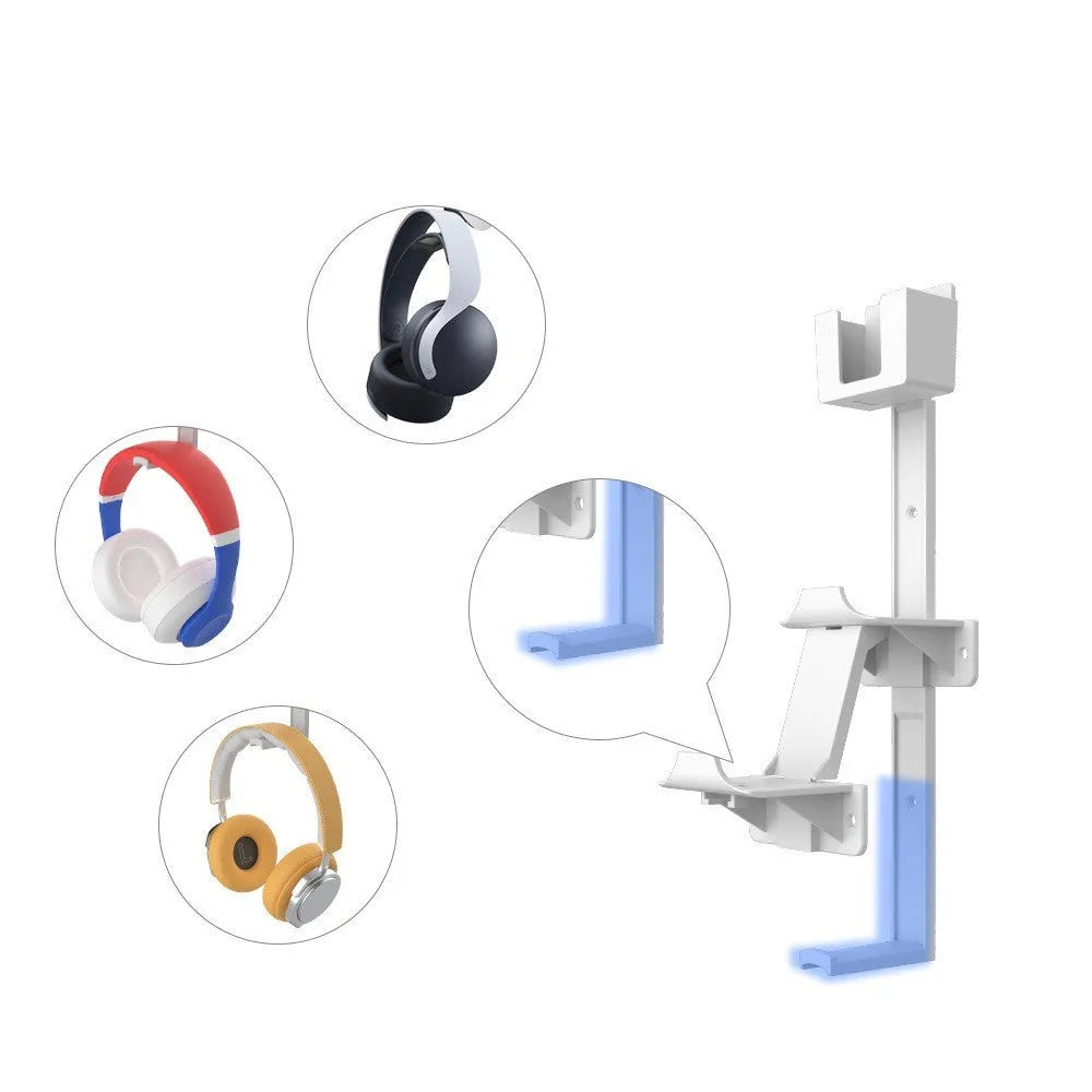 Wall-mounted gaming controller storage hook in black holding PlayStation and Xbox controllers