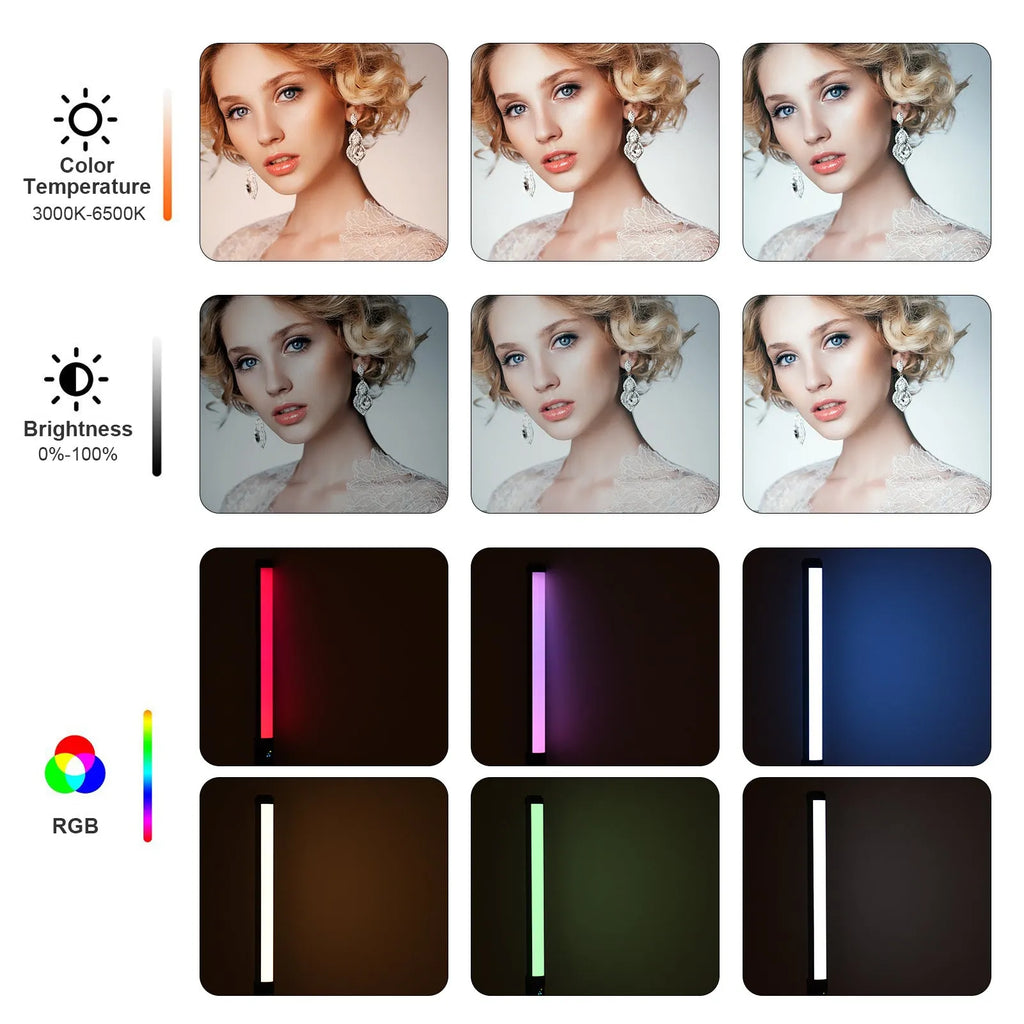 Handheld LED photography fill light stick with adjustable colour temperature and RGB lighting modes