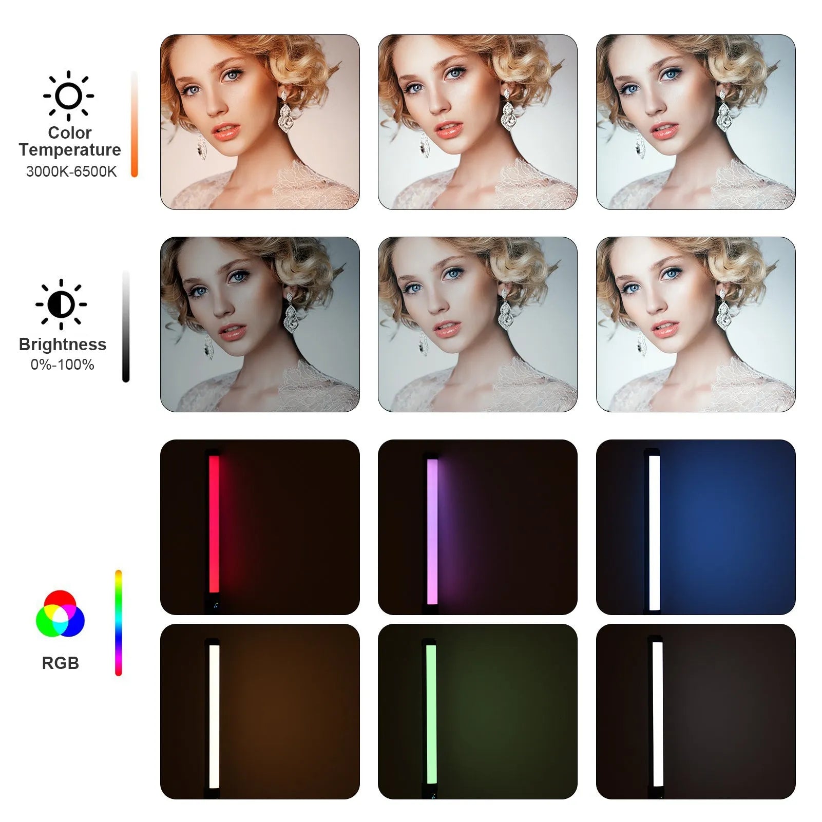 Handheld LED photography fill light stick with adjustable colour temperature and RGB lighting modes