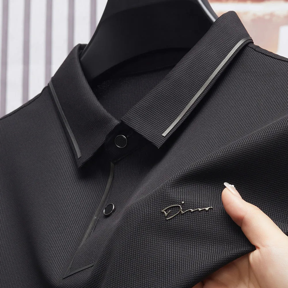 Men's ice silk short sleeve shirt collar summer polo shirt, loose fit, solid colour, nylon fabric, casual top