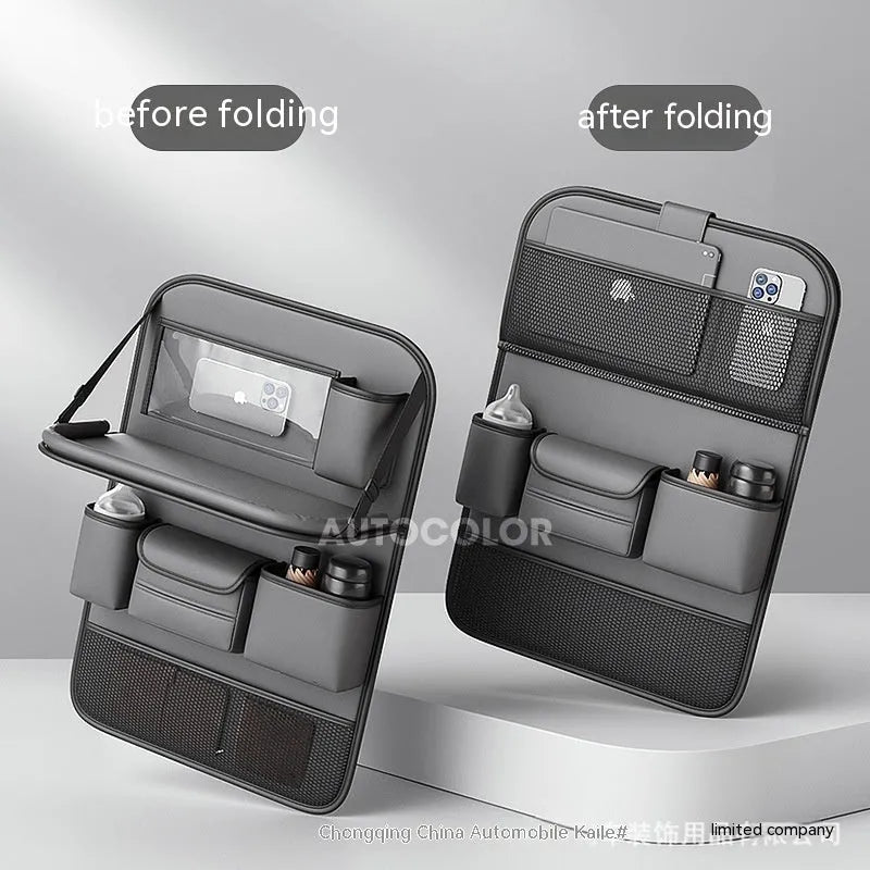 Leather car seat storage bag with carrying handle shown in black, hanging over a car seat.